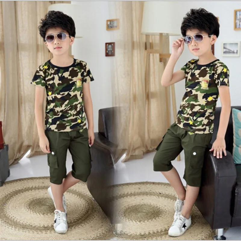 Boys clothing sets kids camouflage clothes baby short t shirt+pants 2 pcs set suit 4-15Years children outwear | Детская одежда и