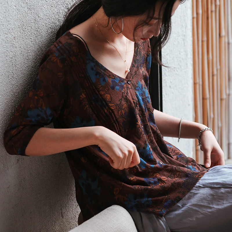 Летняя Блузка Модная ретро Женская трикотажная Повседневная рубашка 2019 новые