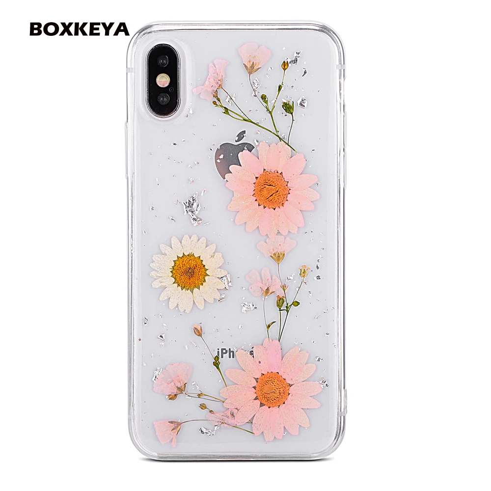 100% Handmade Natural Foil Bling Real Dried Flowers Cases For iphone X 6 6S 7 8 Plus Case Clear Soft TPU Phone Back Cover Coque |