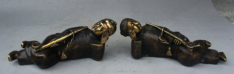 7" Rare China Bronze gilt landowner smoking capitalist couple Smoker Statue Pair | Дом и сад