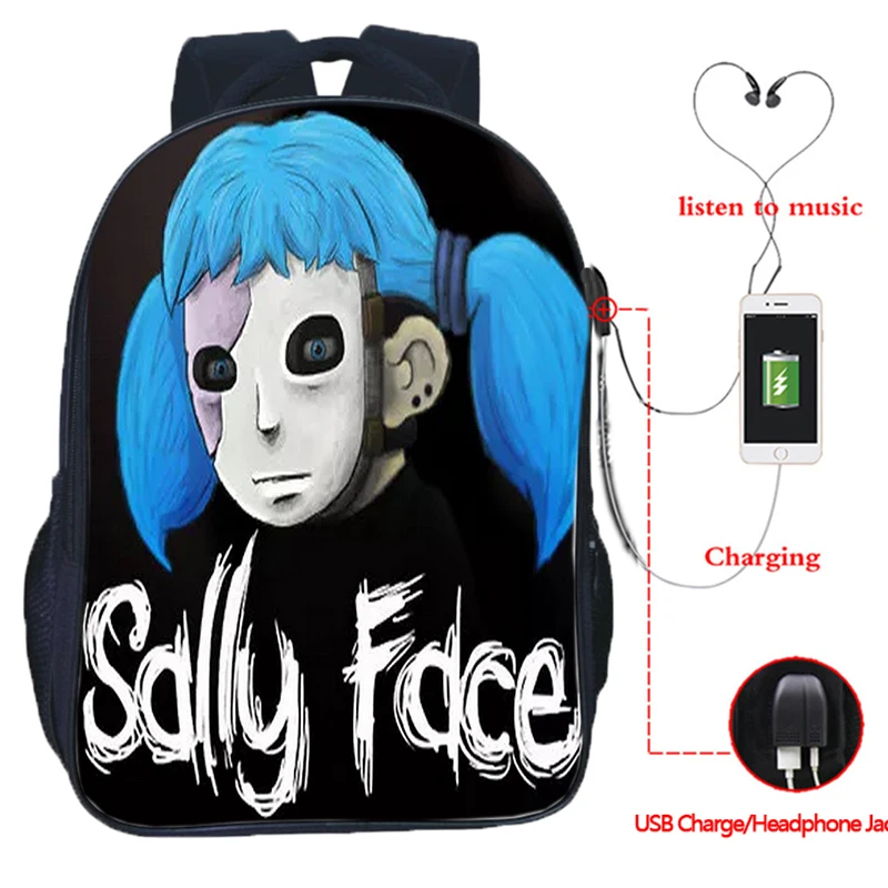 Sally Face USB зарядка школьные сумки подростковый рюкзак для ноутбука Хип-Хоп сумка повседневные дорожные сумки 16 дюймов Mochila