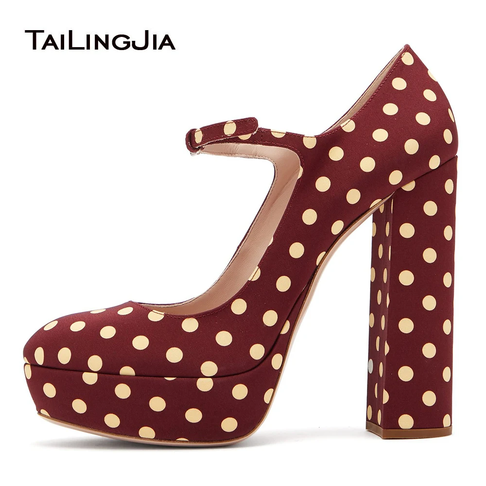 

Large Size Ladies Formal Heels 2022 Round Toe High Heel Evening Shoes Woman Chunky Platforms Polka Dot Platform Mary Jane Pumps