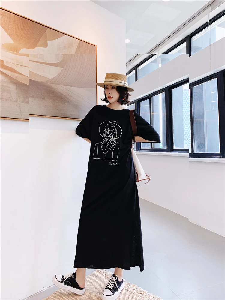 Fashion Cartoon Print Plus Size Summer Dress Cotton Casual O-Neck T-shirt Batwing Sleeve Women Dress Tops Vestidos De Fiesta