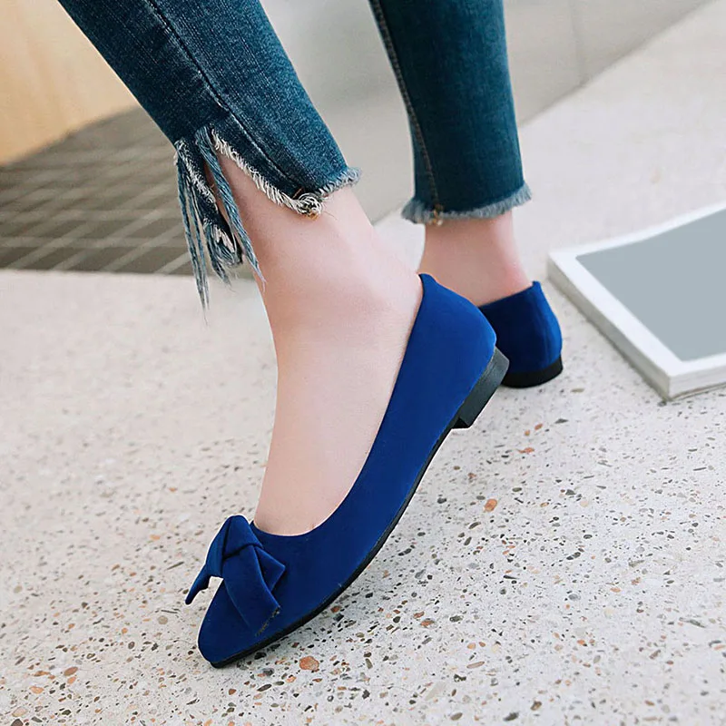 Women Flats Flock Shallow Slip on Cute Bow Woman Ballet Ballerina Female Flat Shoes Pointy Scrub Boat Plus Size 45 | Обувь