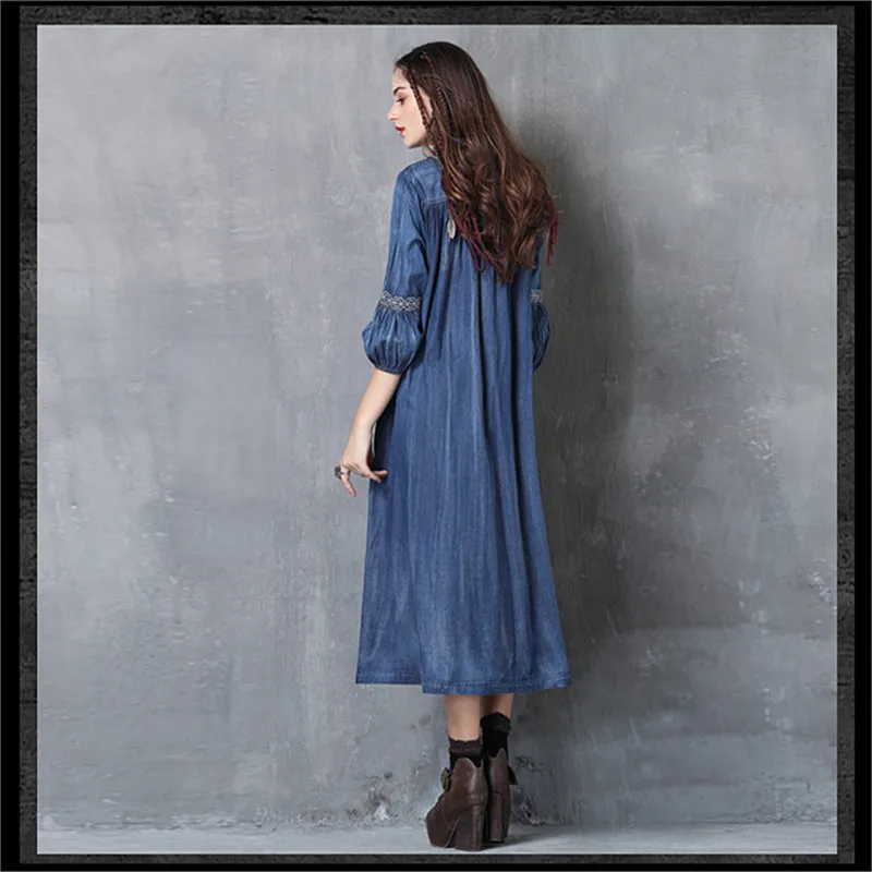 Женское платье с кисточками Vestido весеннее Новое джинсовое платье с v-образным вырезом три четверти рукав-фонарик Цветочная вышивка винтажные платья
