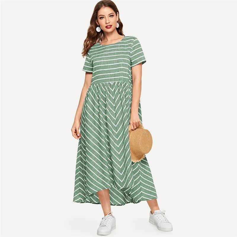 SHEIN Полосатое Платье макси с шевронным принтом, женское повседневное летнее платье с коротким рукавом, хлопковое женское платье трапециевидной формы с круглым вырезом