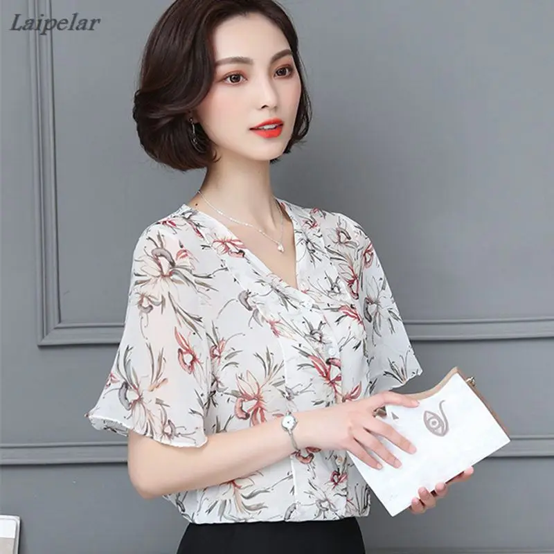 

Женская блузка, с коротким рукавом, с цветочным принтом