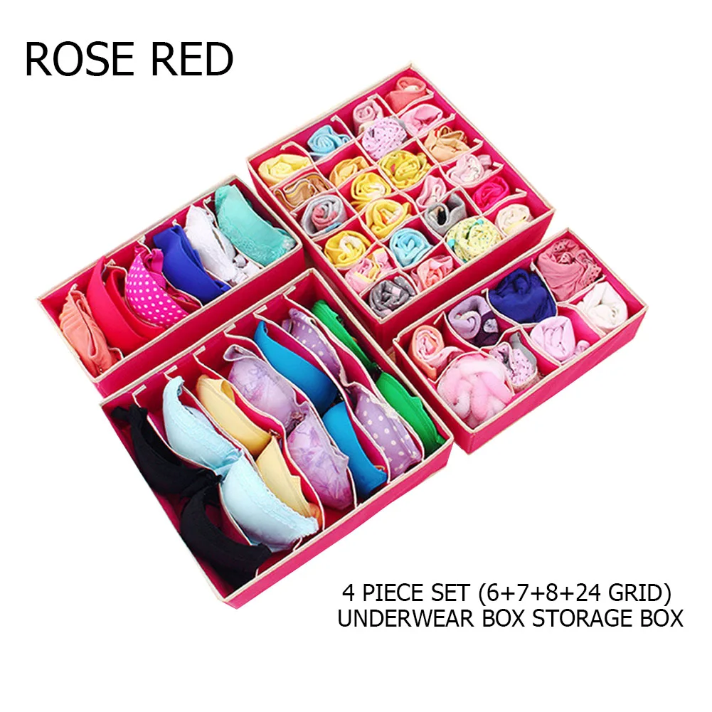 Rose red 4Pcs Foldable Storage Boxes Underwear Divider Drawer Lidded Closet Organizer Interior Organizador For Ties Socks Shorts Bra J16 - Цвет: Rose red