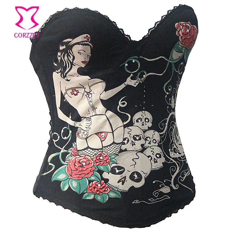 Женский корсет с принтом в виде Розы и черепа готический корсетный костюм