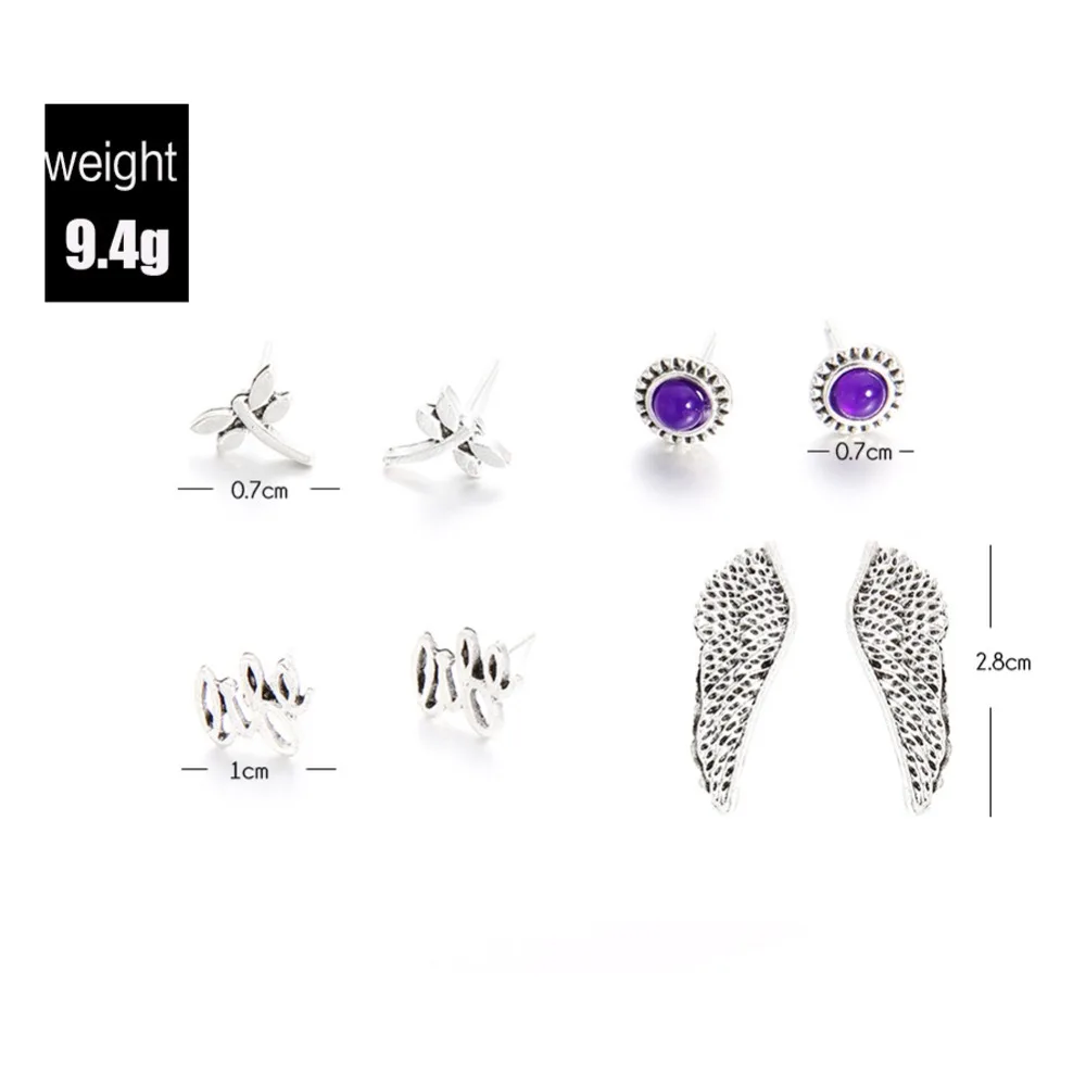 8 шт./компл. Мода Boho Винтаж Silver Wing Стрекоза серьги гвоздики Комплект уха Pendientes Brincos