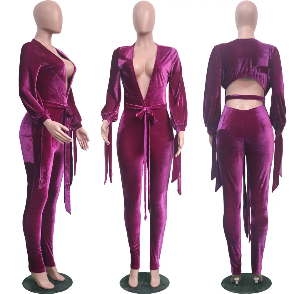 TEXIWAS Sexy backless hollow Overalls with belt Street Jumpsuits Women Deep V-neck Puff sleeve Bodysuit Club Party | Женская одежда
