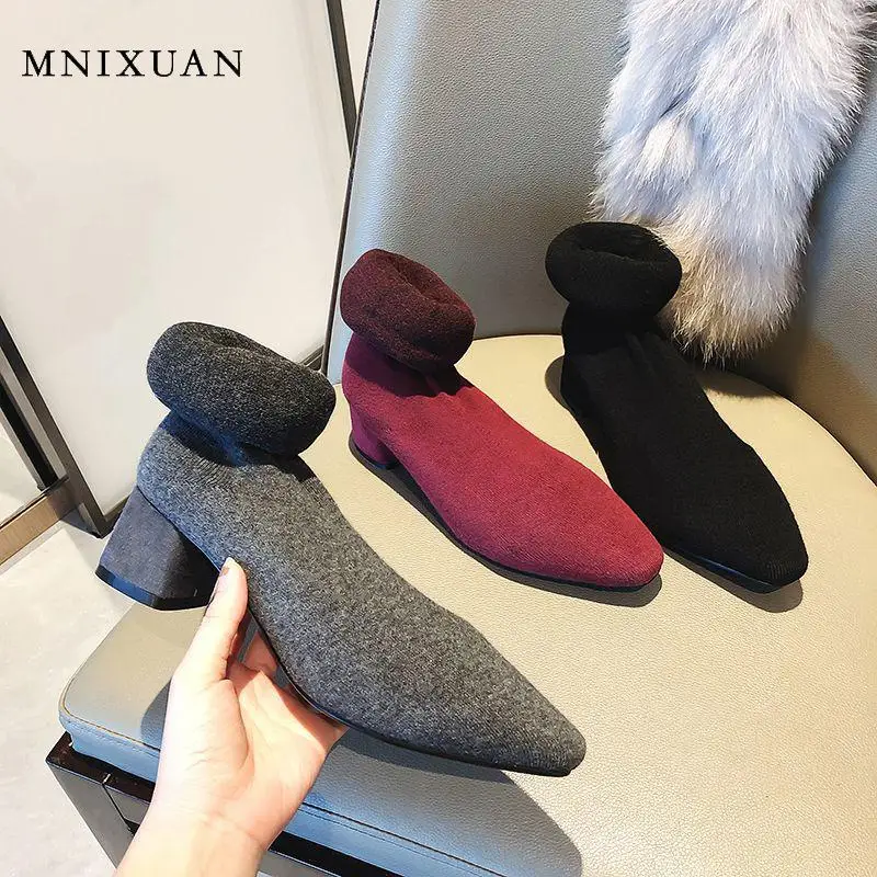 Женские сапоги на высоком каблуке MNIXUAN новинка 2019 вязаные черные длинные выше