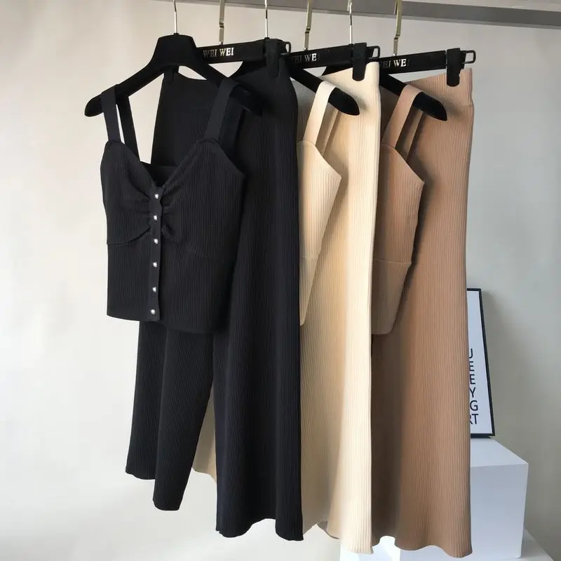ALPHALMODA без рукавов Вязанный жилет+ трикотажные широкие брюки женские летние 2 шт повседневный комплект однобортный наряд брюки костюмы