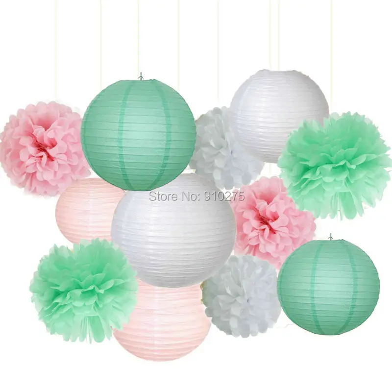 Набор из 12 разноцветных мятно-зеленый/розовый белый помпоны для вечеринки помпон