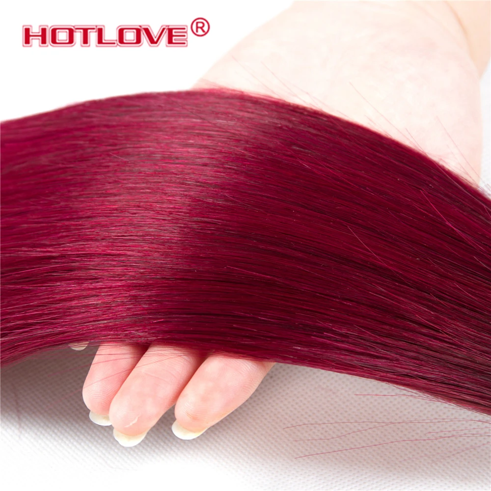 Hotlove Ombre Прямо бразильский волос Комплект с 4*4 закрытия шнурка Цвет 1B/бордовый