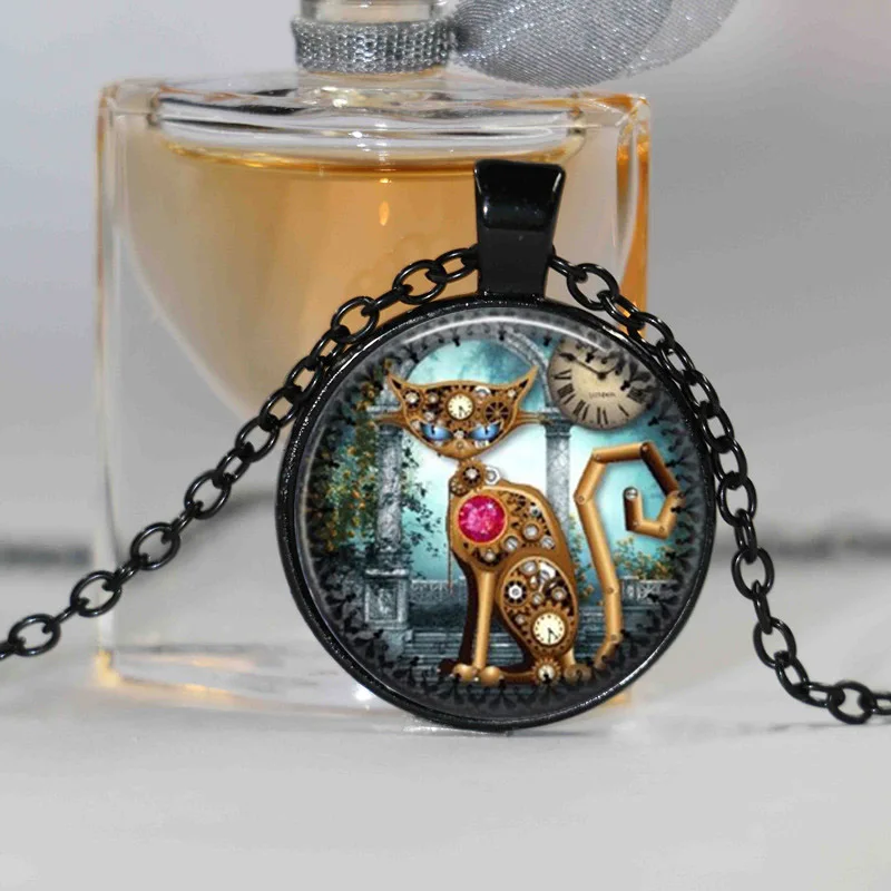 Ожерелье в виде кота стиле стимпанк винтажное Ювелирное Украшение со стеклянной