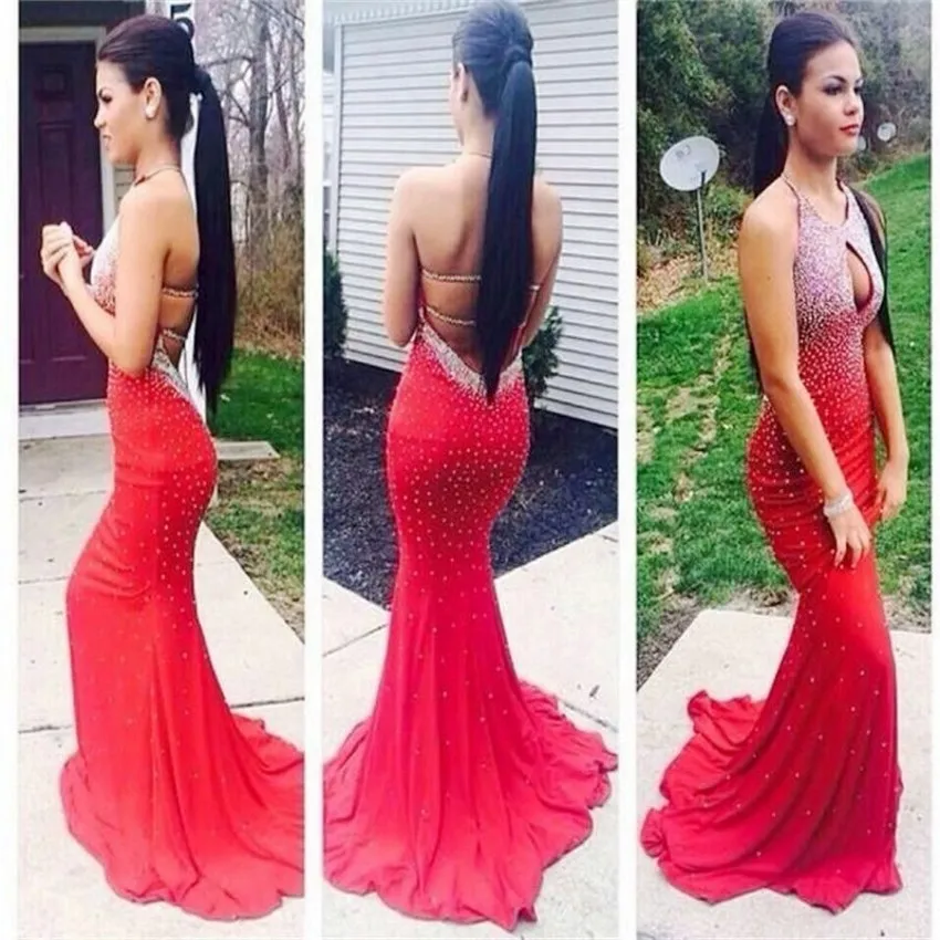 

Unique Design Sexy Backless Evening Dress Red Off The Shoulder Prom Party Dress Sleeveless Sweep Train Beads Mermaid Satin Dress
