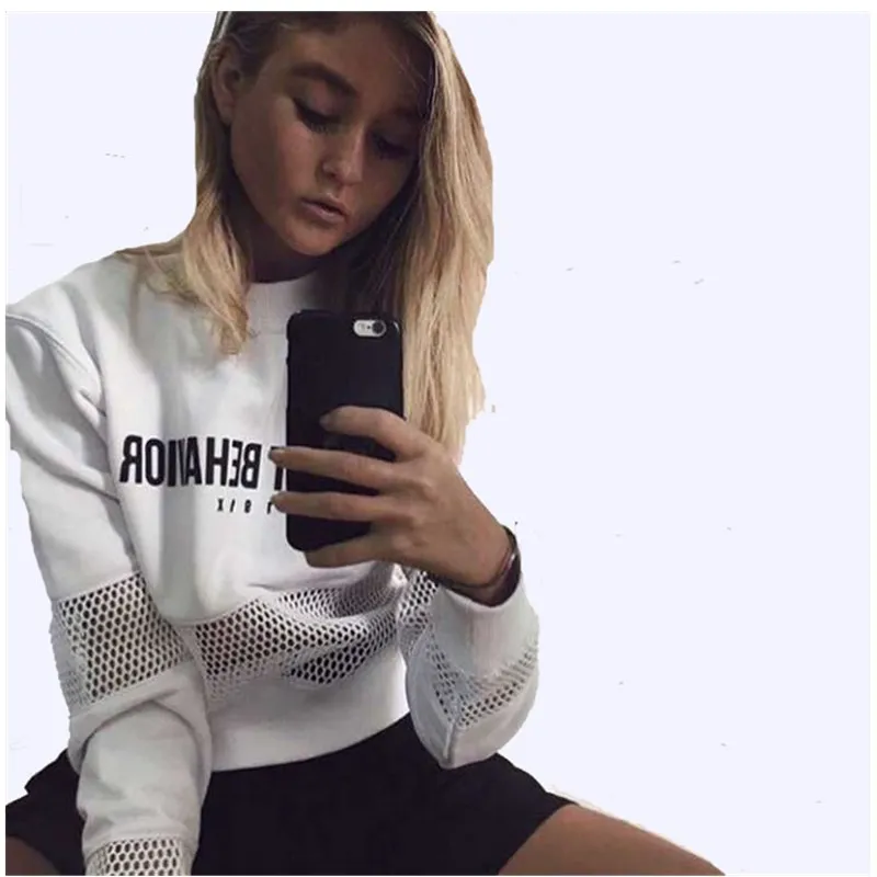 New 2016 Casual Round Neck Hedging Sweatshirt Women mesh Hollow Out Female Hoodies Loose All-Match Bottoming Sudaderas S~L |