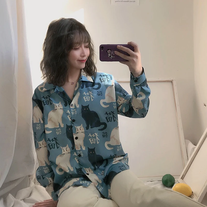 

Chiffon Female Korean Shirt 2019 Japanese Sweetnesscat Print Long Sleeve Summer Women Clothing Tops Leisure Loose Gothic Blouse