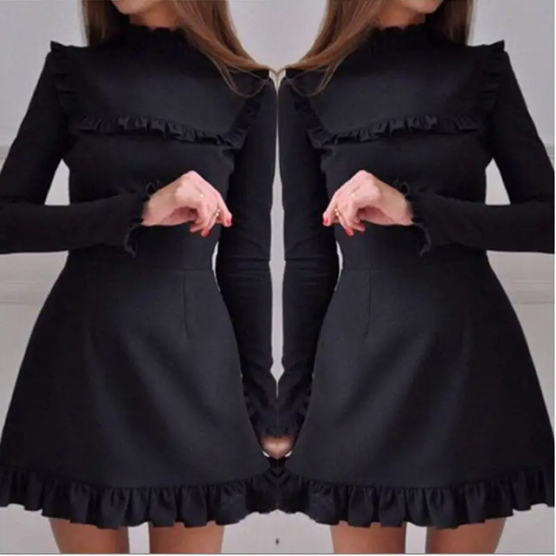 Black Bigsweety Для женщин одноцветное платье с оборками осенний облегающий вечерние платье Повседневное оборками с круглым вырезом платье трапециевидной формы, длинное платье с рукавом-бабочкой, платье Vestidos - Цвет: Black
