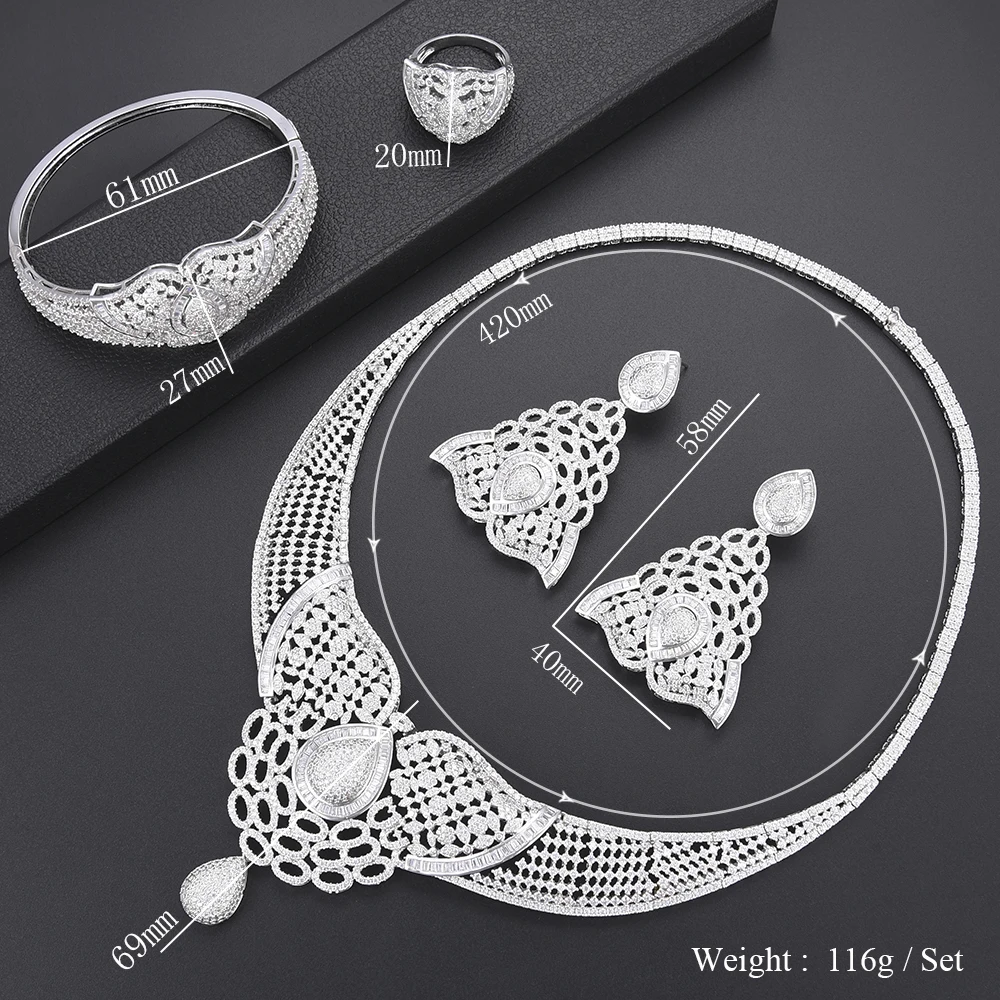 

SisCathy 4PCS Luxury Full Cubic Zirconia Necklace/Bangle/Ring/Earrings Jewellry For Women Charms Statement Flower Jewelry Sets