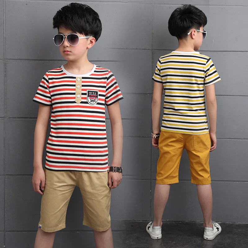 Новая летняя детская одежда Комплекты одежды для мальчиков Двойка футболка +
