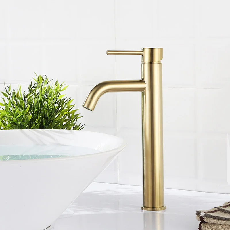 Brushed gold - tall Смеситель для раковины для ванной комнаты из розового золота и черной латуни, смеситель для воды на одно отверстие, Матовый Золотой смеситель для горячей и холодной воды - Цвет: Brushed gold - tall