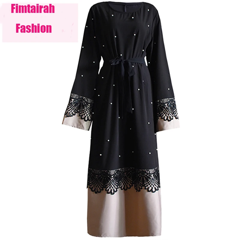 ОАЭ размера плюс черный Халат абайя для женщин Дубай Кафтан бисер кружево мусульманское платье Турецкий Femme Макси хиджаб мусульманская молитва