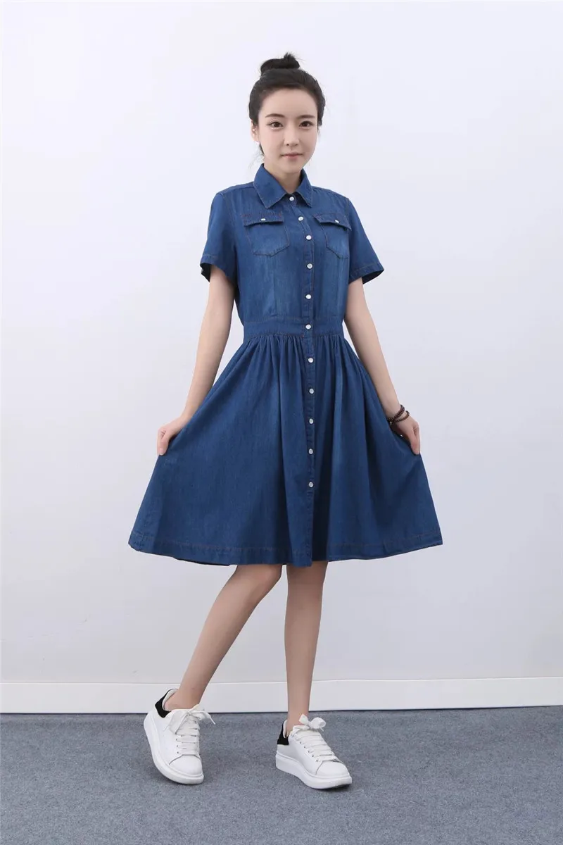 

Spring Summer New Girls Fan High Waist Short Sleeve Dress Women, Waist Thin Elegant Cowboy A-Line Dress Women