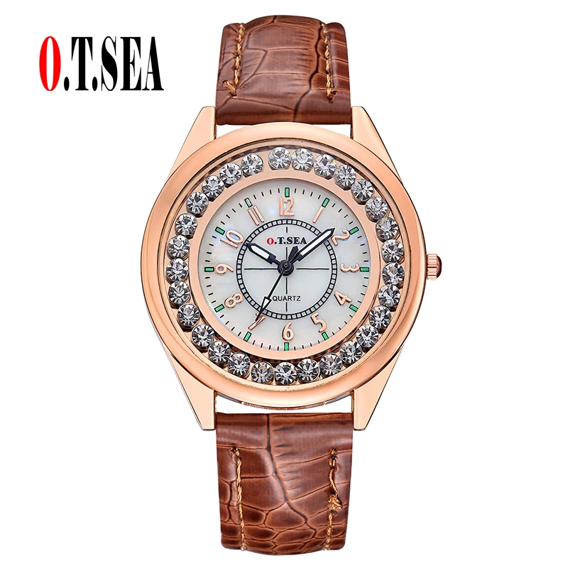 

Luxury O.T.SEA Brand Leather Watch Women Ladies Rhinestone Dress Quartz Wristwatch relogios feminino OTS039