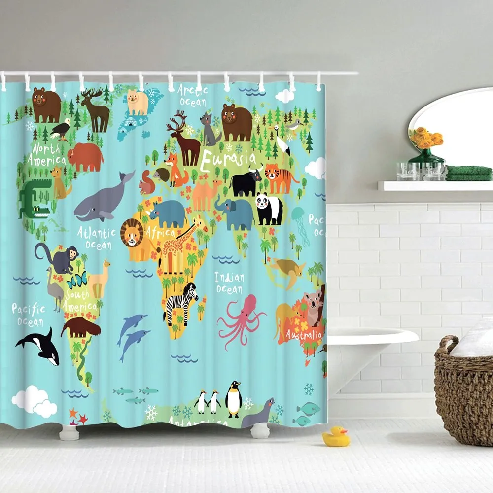 

Dafield Shower Curtain Kids Owl Submarine Fish Duck Cartoon Animal World Map Fabric Bathroom