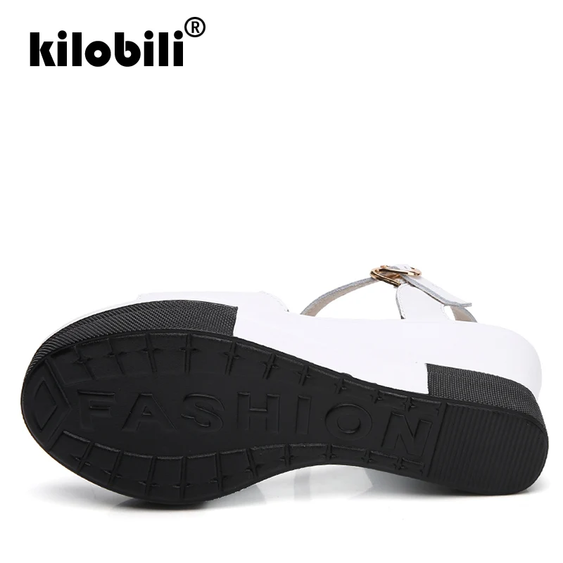 Kilobili/2018 г. летние женские сандалии на плоской подошве танкетке кожаные