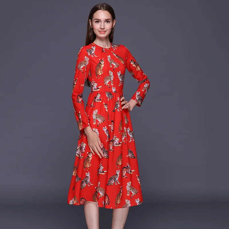 New arrival 2017 Spring Summer fashion women long sleeve animal cute red cats print dress casual midi elegant dresses