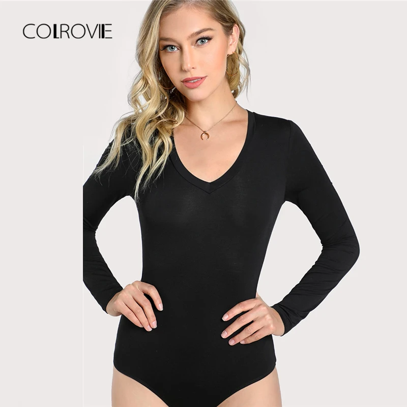 COLROVIE, черный, сексуальный, v-образный вырез, длинный рукав, женская футболка, боди, новинка, осень, эластичный, однотонный, элегантный, обтягивающий, рабочая одежда, боди