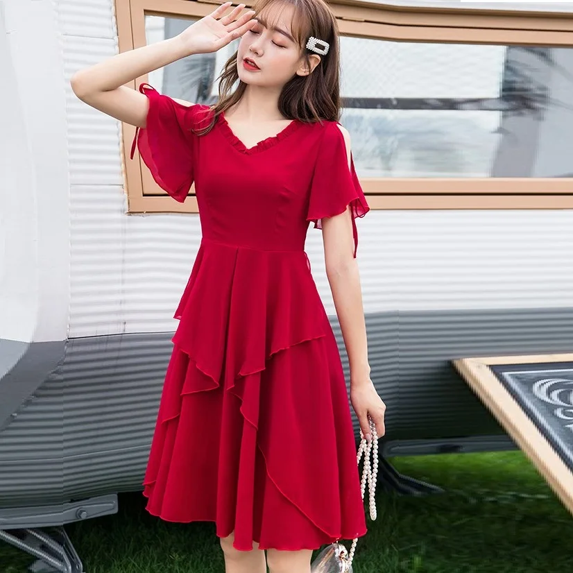 Летнее милое шифоновое платье элегантное средней длины с v-образным вырезом и