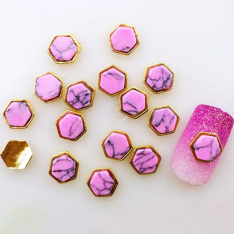 10Pcs/Lot New 6*7mm Hexagonal with Turquoise Stone Metal Alloy Nail Art Decorations Stickers for Manicure | Красота и здоровье