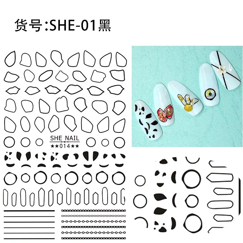 SHE014 Black 2 листа черный различные линии стрелка цветы арабский латинский алфавит шаблон клей дизайн ногтей наклейки украшения DIY наконечник SHE01-31 - Цвет: SHE014 Black