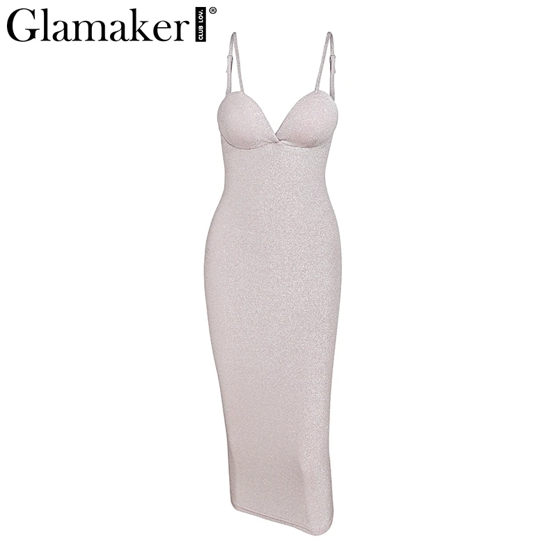 Glamaker люрекс без рукавов пляжное платье Для женщин bodycon Серебряный длинное