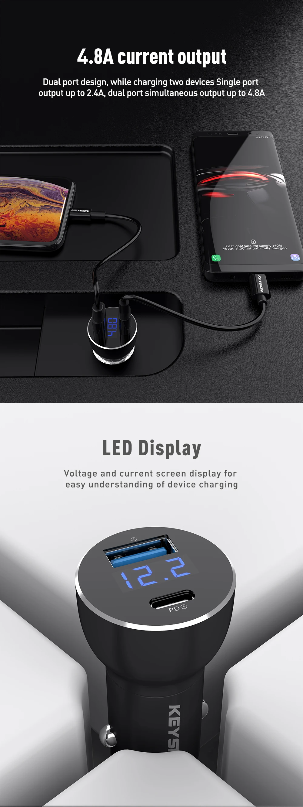 KEYSION Dual USB PD быстрое автомобильное зарядное устройство с цифровым дисплеем USB C Зарядка для iPhone XS Max XR 8 Plus QC 3,0 быстрое зарядное устройство для samsung