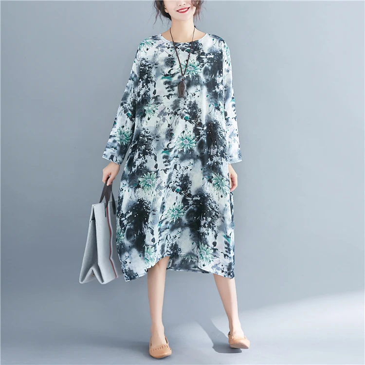 P Ammy Lagenlook живописи тушью хлопок и лен джемпер прямого платье Весна плюс Размеры