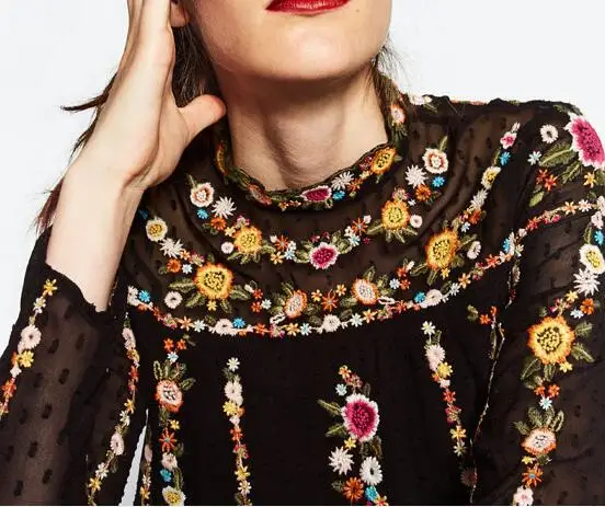 Новинка 2017 черная туника в стиле бохо с высоким воротником и длинными рукавами