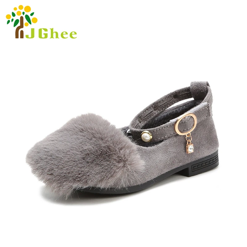 2019 Spring Autumn Winter Girls Shoes Princess Kids Flats Faux Fluffy Fur Children Cotton Ankle Strap Rhinestone | Детская одежда и