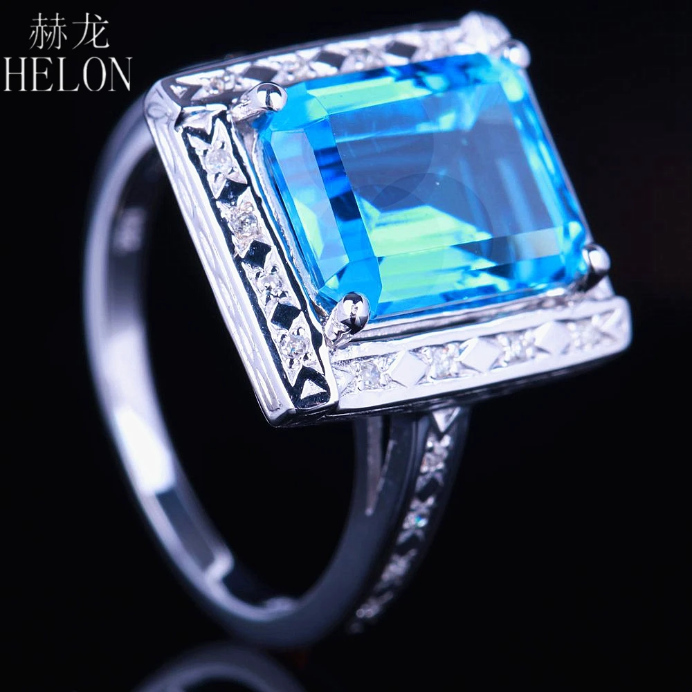 

HELON Sterling Silver 925 Flawless Emerald cut 4.36ct Genuine Natural Blue Topaz Diamonds Engagement Ring Women Trendy Jewelry