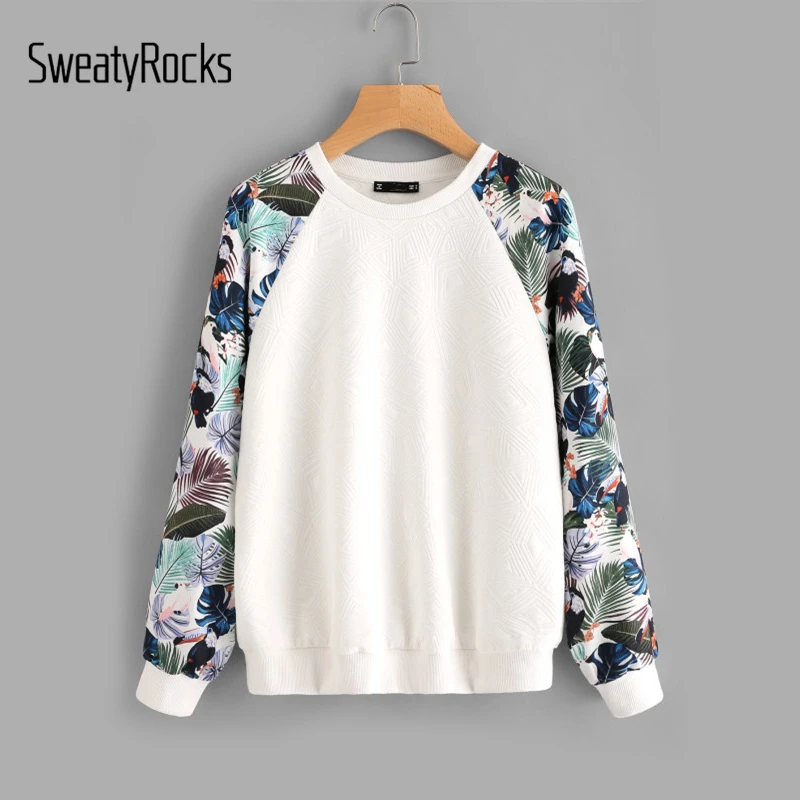 SweatyRocks Тропический Принт реглан рукав текстурный свитшот для женщин пэчворк вырез лодочкой длинный рукав пуловер для активного отдыха Толстовка
