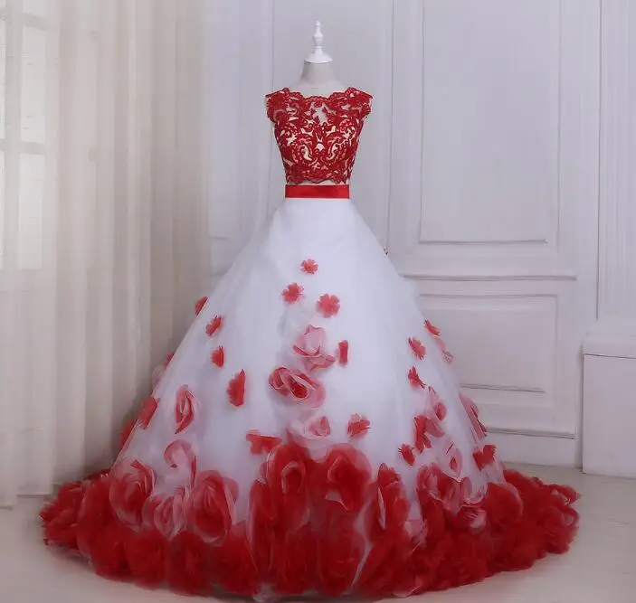 white and red ADLN две части свадебные платья с цветами Совок А-силуэта белые и красные свадебные платья под заказ Robe de Mariee - Цвет: white and red