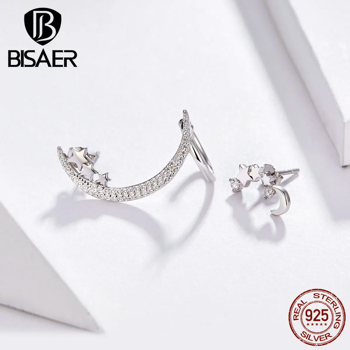 BISAER, циркониевые серьги для женщин, 925 пробы, серебро, светящиеся в форме звезды, Луны, серьги-гвоздики, Женские Ювелирные изделия из стерлингового серебра ECE616