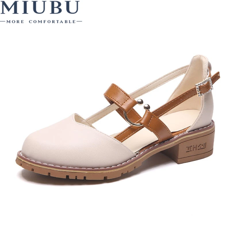 

MIUBU Women Leather Square Heel Ladies Shoes Summer Square Toe Vintage High Heels Women Shoes Buckle Strap Sandals