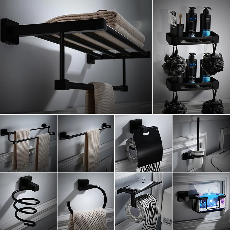 

Bathroom hardware pendant set black towel ring bathroom stainless steel antique towel rack hair dry holder bathroom accessories