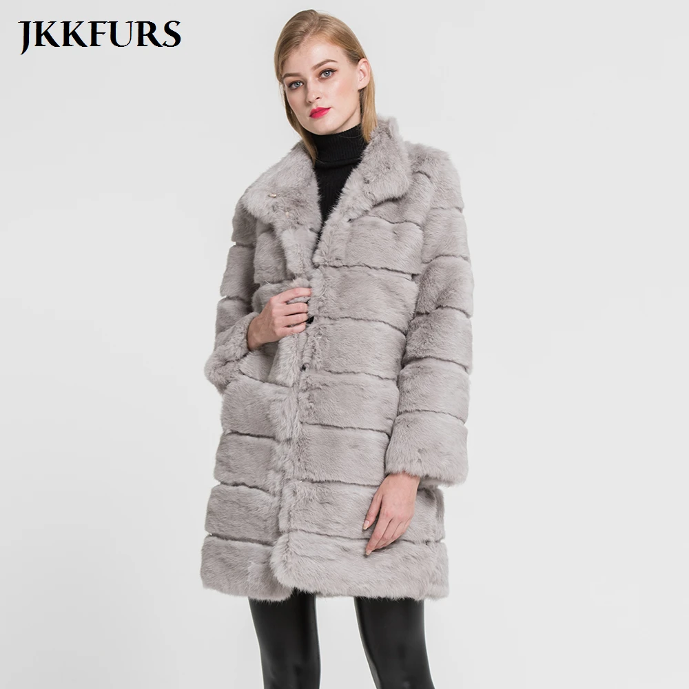 JKKFURS женская шуба из натурального кроличьего меха Модная стильная зимняя теплая