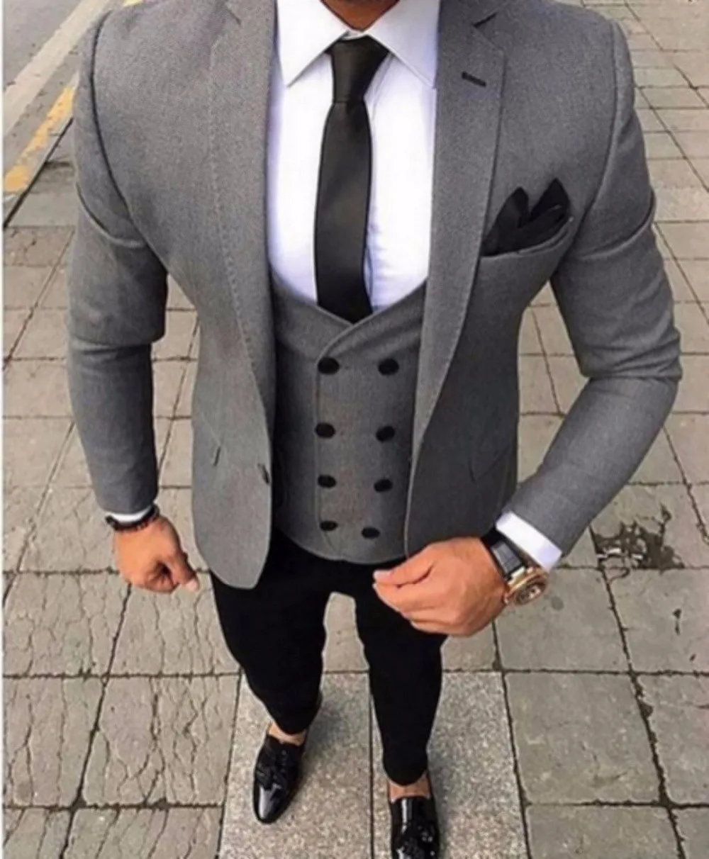 2018 Brand Tailored Smoking Grey Men Suit Slim Fit 3 Piece Tuxedo Groom Wedding Suits Jacket Custom Prom Blazer Terno Masculino